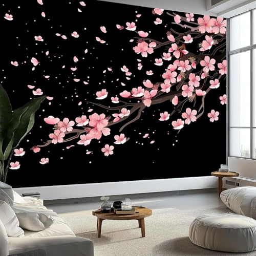 Buohwiwe Papier Peint Panoramique Style Japonais Noir Mural 350x256 cm 3D Papier Peint Intisse Fleurs de Cerisier Fresque Murale Chambre Coucher Salon Décoration Photo Poster Geant Murale w.3527