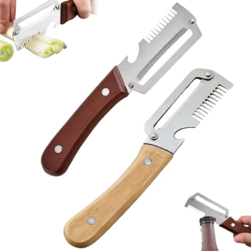 Pelador de verduras multifuncional, peladores con mango de madera y abridor de botellas, pelador de patatas 3 en 1, cortador y rebanador de acero inoxidable para cocina, pelador ergonómico de frutas