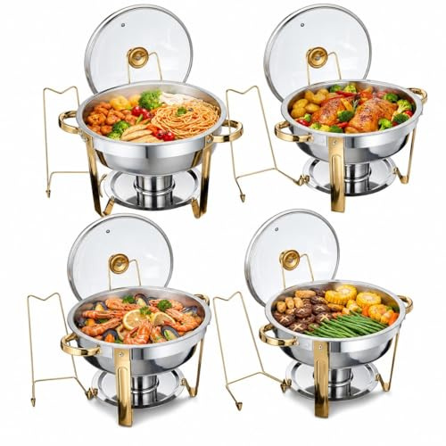 Chafing Dish Buffet Set, 4 Pack 5QT Stainless Steel Chafer with Transparent Glass Lid, Round Food Warmer with Dual‑Purpose Water Tray, Lid Rack & Fuel Holder for Wedding, Party, Catering Events