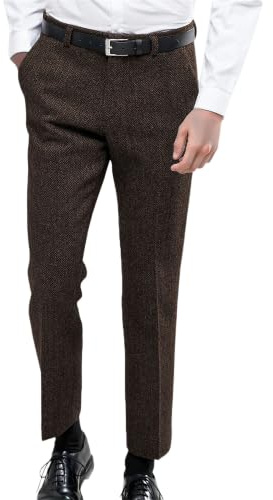 Herrbyxor med fiskbensmönster i tweed, vintage smala byxor | Klassisk passform, rakt avslappnad, med fickor, solid färg, för kontorsarbete, daglig användning