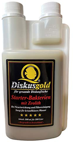 Diskusgold Starterbakterien mit Zeolith 500 ml | Diskus Starter Bakterien | bei Neueinrichtung | Aquarium Wasser | Einfahrphase - Einlaufphase | hilft durch Zeolith bei Einer Nitritvergiftung