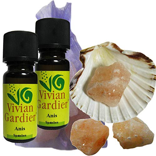 Anis Anissamen ätherisches Öl naturrein 2 x 10ml aus kontrolliertem Anbau. 7 teiliges Aromatherapie Duft Set mit Muschel + 3 Salz Kristalle zum Beduften + Säckchen. 50024