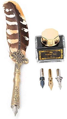 Marhynchus Feather Dip Pen, European Vintage Füllfederhalter-Set mit 3 zusätzlichen Schreibfedern Leere Tintenflasche