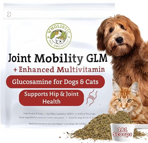 Wholistic Pet Organics - Hip and Joint Supplement for Dogs & Cats - Cat and Dog Joint Supplement - Green Lipped Mussels, Glucosamine, Chondroitin for Dogs & Cat Mobility Support - 4 Lb - 181 Scoops