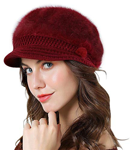 Genfien Keps Newsboy keps för damer tjock fleece fodrad vinter stickad basker hatt vintage virkad spetsig chic hatt lätt vinter, Röd, en storlek