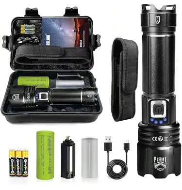 XHP70.2 Superhelle Taschenlampe mit 600000 Lumen, IPX67-Wasserdichtigkeit, Wiederaufladbare C-Type-Zoom mit 5 Leuchtvarianten (1 x 5000 mAh Akku und 3 x AAA-Batterien)