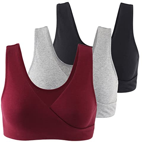 KUCI Maternity Nursing Bra Wireless Cotton Breastfeeding Bra for Sleep (Black+Grey+Red Wine/3Pack, XXL)