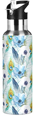 Bouteille d'eau isotherme en acier inoxydable avec paille, fleur de paon, bouteille d'eau de sport pour enfants et adultes, étanche, 1 l