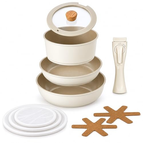 NEOFLAM® Pfannenset Topfset Induktion, abnehmbarer Griff 8-teilig, Antihaft-Keramik-Kochgeschirr-Set, Pfanne 24cm, Hochrandpfanne 26cm, Topf 20cm, Stapelbar, Platzsparend, für alle Herdarten, Ofenfest