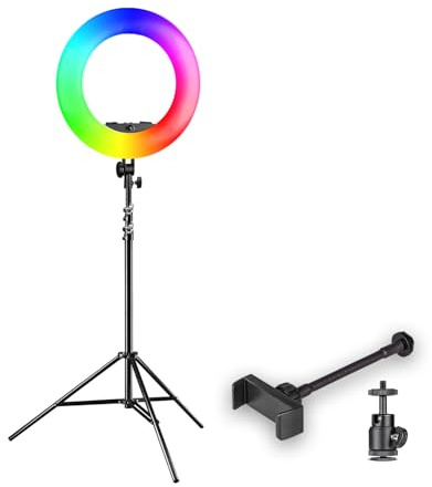 Walimex pro Ring light a LED Rainbow RGB da 60 W con cavalletto fotografico, Luce ad anello per foto e video con supporto smartphone e controllo tramite app