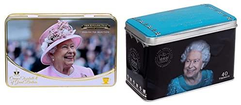New English Teas Queen Elizabeth II Tea Tin with 72 Assorted Teabag Selection & Queen Elizabeth II Jubilee 2022 Commemorative Tea Tin with 40 English Breakfast Teabags