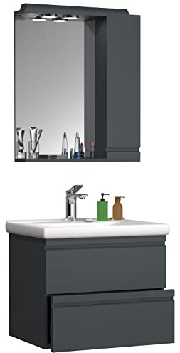 VCM 3-TLG. Waschplatz | Waschtisch Unterschrank 60 cm | Badmöbel Set mit Keramik Waschbecken | grifflose Schubladen | Spiegelschrank | Komplettset Silora L