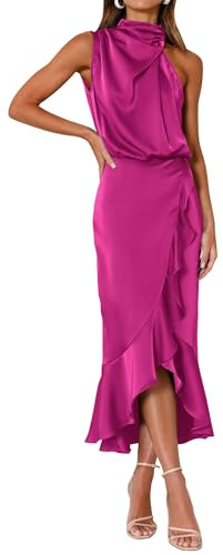 KIRUNDO Women 2026 Spring Summer Satin Mock Neck Wedding Guest Party Cocktail Midi Dress Sleeveless Wrap Ruffle Formal Dress(Rose Red, X-Large)