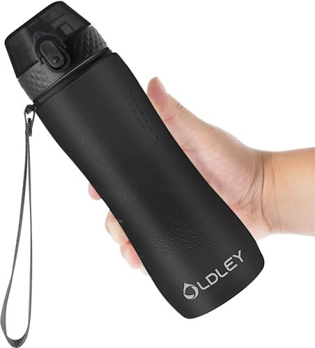 OLDLEY 750ml/25oz Water Bottles with Straw BPA Free Tritan Water Bottles for Gym School Sports Travel Leakproof Time Markings Drink Bottles Reusable Hydrate for Adult Kids Women Men(Black, 1 Lid)