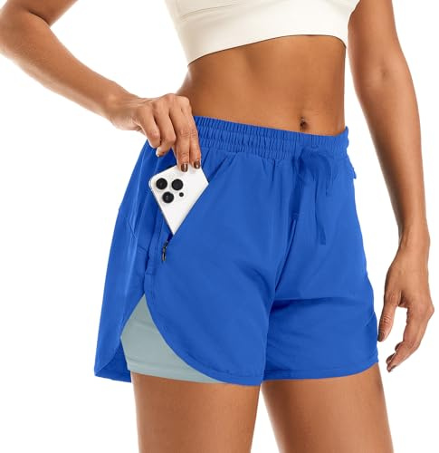 APWKL 2-in-1 Sport-Laufshorts für Damen, schnelltrocknend, Workout, Freizeit, Fitnessstudio, Sweat-Shorts, Netzstoff, bequemes Innenfutter, Reißverschlusstaschen, Blau, X-Groß
