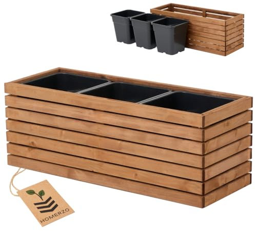 HOMERZO Pflanzkübel Holz – imprägniert wetterfest – mit herausnehmbarem Kunststoffeinsatz – Hochbeet Blumenkasten für Balkon Garten Terrasse (Horizontal-braun 98x36 H35 cm)
