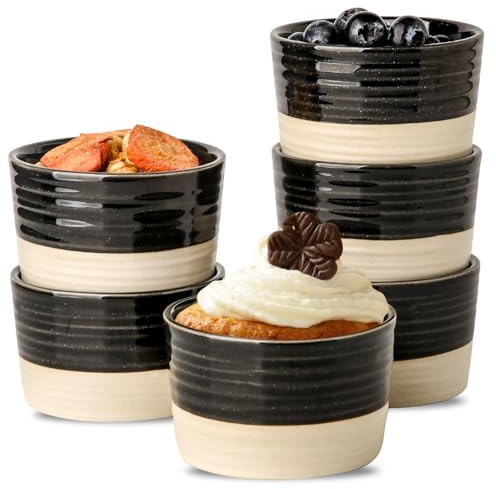 Hasense Ramekins 8 oz, Ceramic Creme Brulee Souffle Ramekins Set of 6, Baking Dishes Oven Safe, Mini Bowls for Pudding, Lave Cake, Pot Pie, Dipping Sauces, Black