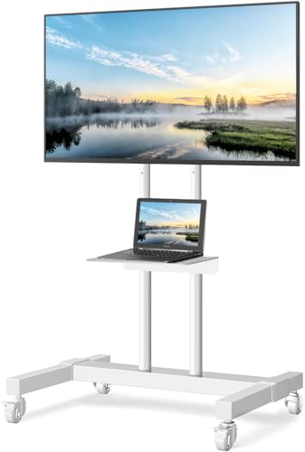 TVON Upgraded Mobile TV Stand on Wheels for 32-83 inch Flat Screen/Curved TVs up to 110 lbs, Height Adjustable Mobile TV Cart with Metal Laptop Shelf, Rolling TV Stand for Home and Office Use,White