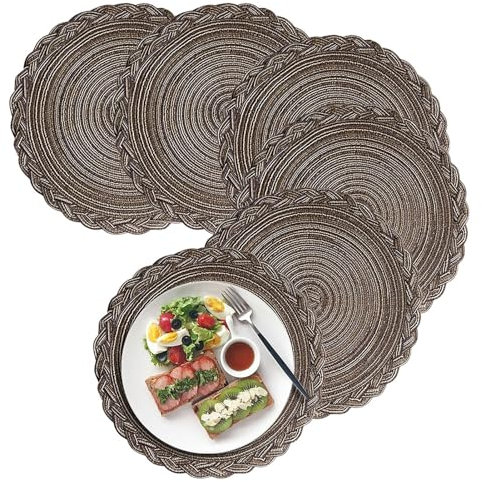 Herfair Platzsets Rund, 6er Set Tischsets Untersetzer Teller, Tischset Baumwolle Gewebte Platzdeckchen Stoff Tischuntersetzer für Küche Weihnachten Decor (Kaffee,38cm)