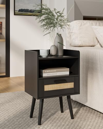 HEYZOEY Nachttisch Rattan, Drawer Dresser for Bedroom, Small Side Table with Drawer, Bedside Furniture, Night Stand, End Table with Gold Frame for Bedroom, Living Room (Schwarz-1Schublade.)
