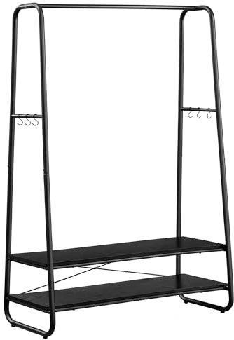 VASAGLE Perchero Burro, Perchero Recibidor con 2 Estantes, 6 Ganchos en Forma de S, Marco de Acero, 45 x 100 x 160 cm, para el Dormitorio, Negro Ébano y Negro Mate RGR112B03