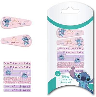 Pack de 4 Horquillas y 8 coleteros de Stitch - Color Rosa y Lila - Elaboradas con Materiales Resistentes - Estampado Inspirado en Stitch - Producto Original Diseñado en España