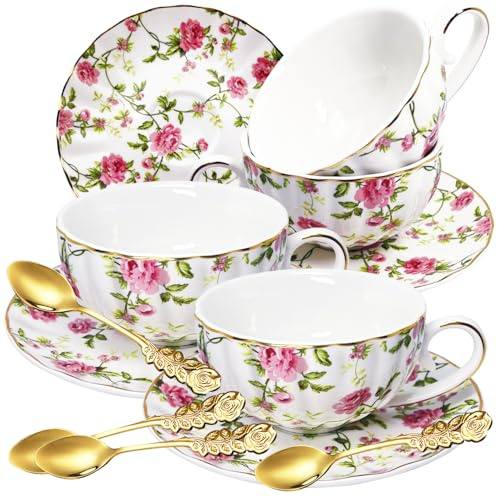 TEVLAUXO Juego de 4 tazas de té y platillos de porcelana, tazas de té floral, patrón de rosas de flores, juegos de té antiguos, 6 onzas, con ribete dorado, juego de té con cuchara, café helado, regalo