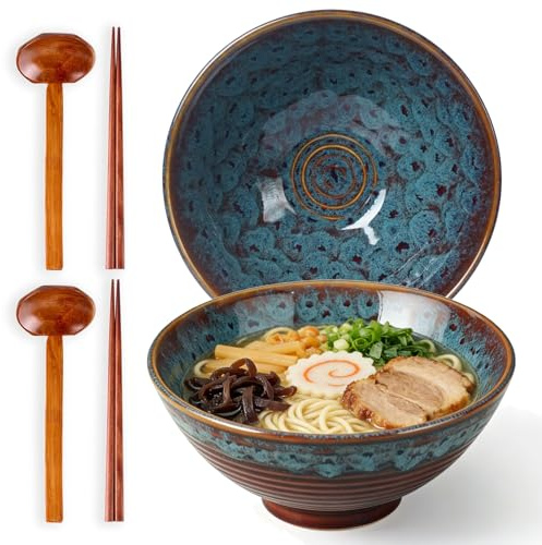 STE-CER Ceramic Japanese Ramen Bowl Set with Chopsticks,8 inch 40 oz Pho Bowls & Asian Soup Bowl and Spoons Set for Udon Noodle,Soba,Miso Soup,Set of 2(Peacock Green)