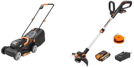 Worx WG730E - Tosaerba a batteria, 20 V, motore senza spazzole, larghezza di taglio 30 cm & WG163E Decespugliatore Tagliabordi a Batteria 20V, stelo in Alluminio regolabile