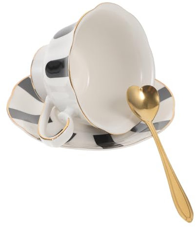 Garneck Juego De Taza De Leche y Té De Porcelana Vintage Con Platillo De Cerámica Negra y Blanca, Estilo Retro, Para Ceremonia De Té y Uso Doméstico, Set De 1 Taza y 1 Plato