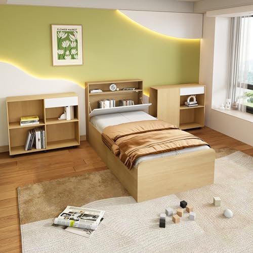 Moimhear Set camera da letto completo, letto singolo + armadio, letto per ragazzi, letto a pannello con 4 cassetti, 2 armadi con ruote sul pavimento, 90x200 cm