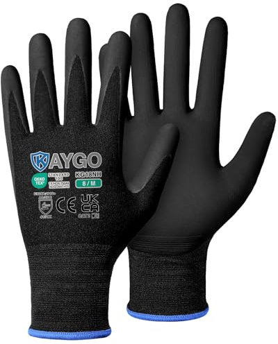 KAYGO Safety Work Gloves MicroFoam Nitrile Coated 3 Pairs, KG18NH | 15G Seamless Knit Nylon Liner, Breathable, High Dexterity, Non-Slip Grip in Oily for Warehouse, Automotive, DIY (Black, M)