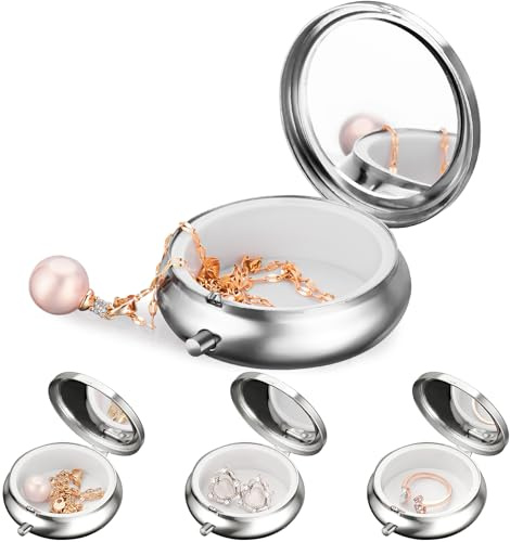 Aphlos Mini Travel Jewelry Box with Built-In Mirror, Ultra-Portable Ring, Necklace, and Earring Holder (Silver)