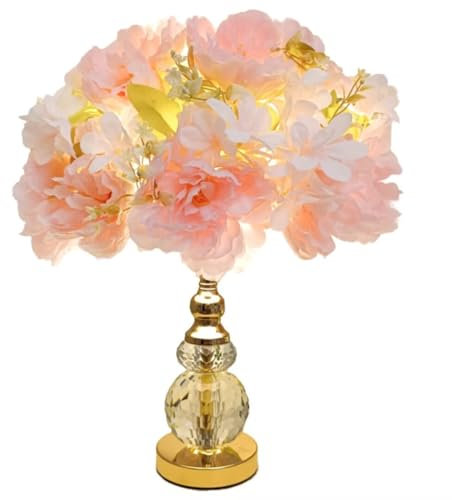 GUANSHAN Lampada da tavolo con fiore rosa con base in asta di cristallo Paralume in seta con fiore di rosa Lampada da tavolo Illuminazione decorativa da comodino per camera da letto, soggiorno