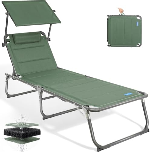 Homecall Sonnenliege Klappbar mit Dach, Kopfstütze, Bis 180 kg, 200x70 cm | mit 5-fach verstellbare Rückenlehne, Quick-Dry-Schaumstoff, Luxus Gartenliege Wetterfest, Aluminiumgestell für Garten, Balkon