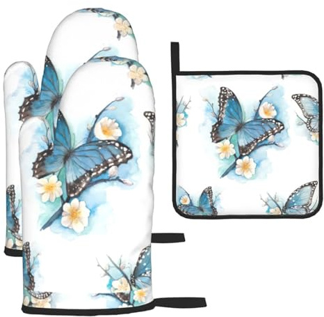Blue Flower Butterfly Print Oven Gloves and Pot Holders Set Restaurant Kitchen Microwave Oven Gloves