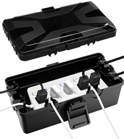 Scatola Protezione Stagna,26.1x15x9.4 CM Scatola Derivazione Esterna,6 Ingressi Sigillati per Cavi,Copertura per Prolunga Resistente alle Intemperie,Per Proteggi Ciabatta,Spina di Uscita Timer