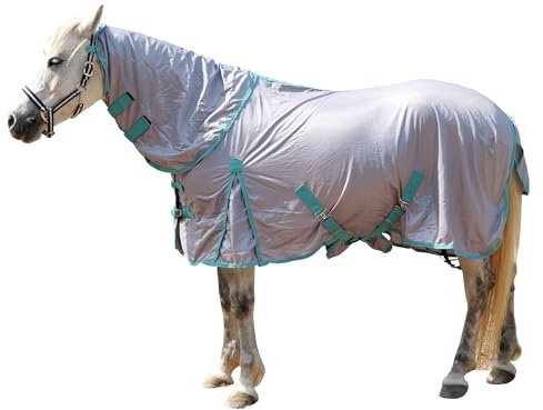 Mesh Fly Rug for Horses - Lightweight Summer Fly Sheet with Detachable Full Neck Combo & Belly Cover, UV Protection Grey 5'9