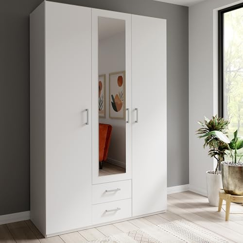 Forte ECONOBOX 2 Kleiderschrank 130 135, 3-türiger Drehtürenschrank mit Spiegel und 2 Schubladen, Holzwerkstoff, Weiß, 133,2 cm breit, 210,5 cm hoch, 54,2 cm tief