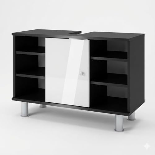Vicco Waschbeckenunterschrank Fynn, Anthrazit/Weiß Hochglanz, 80 x 54 cm | mit 6 Ablage, zur Aufbewahrung im Badezimmer mit Siphonaussparung