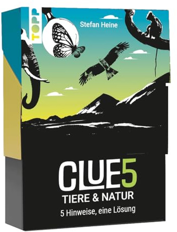 TOPP CLUE5#Tiere & Natur. 5 Hinweise, nur eine Lösung. Das Trend-Quiz für Deine Tasche. Errate 50 faszinierende Lebewesen aus der ganzen Welt. Wie viele Hinweise brauchst du?, White