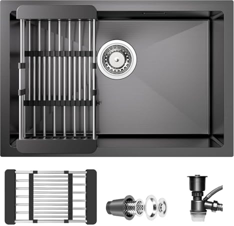 Coubird Fregadero de cocina negro de acero inoxidable bajo encimera pequeño fregadero de cocina con accesorios de escurridor adecuado para cocinas, bares y cuartos de servicio (50 x 40 cm)