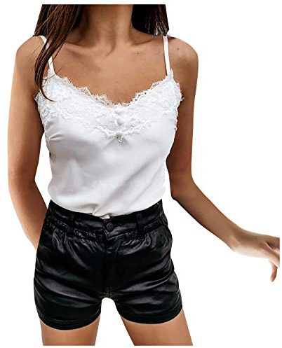Canottiera Donna Estiva Raso Moda Spaghetti Canotte Sexy Scollo a V in Pizzo Elegante Leggera Base Canottiere Seta Casual Maglietta Bluse Senza Maniche Chic Curvy Semplice Sottogiacca Tank Top Shirt