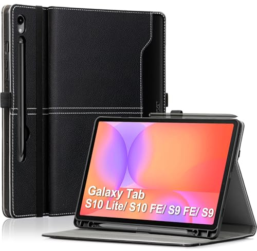DLveer Funda para Samsung Galaxy Tab S10 Lite/S10 FE/S9 FE 10.9''/S9 11 Pulgadas con S Pen Soporte,Cuero PU + Contraportada de TPU Suave Funda con Soporte Multiángulo,Auto Activación/Reposo,Negro