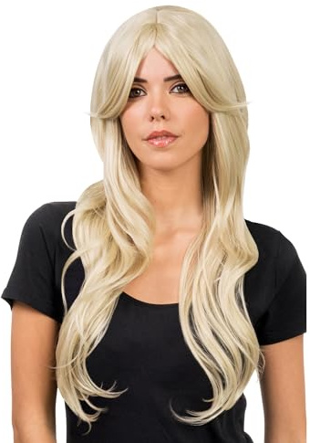 Chaks - Damen Perücke 68 cm Wellig, mit Langem Pony | Lockige Langhaarperücke aus Synthetik Haar, Karneval, Cosplay und Festival Accessoire