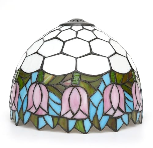 Tiffany Lamp Shade Replacement, 12 Inch Pink Tulips Stained Glass Ceiling Light Shade Vintage Style Art Deco for Table Lamps Floor Pendant Light