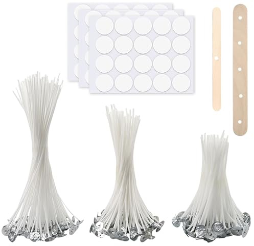 iwontalersy 60 Pezzi Stoppini per Candele,Set di Stoppini per Candele,Viene Fornito Con un Porta Stoppino in Legno e un Adesivo Bifacciale per lo Stoppino,Stoppini per Candele Fai da te