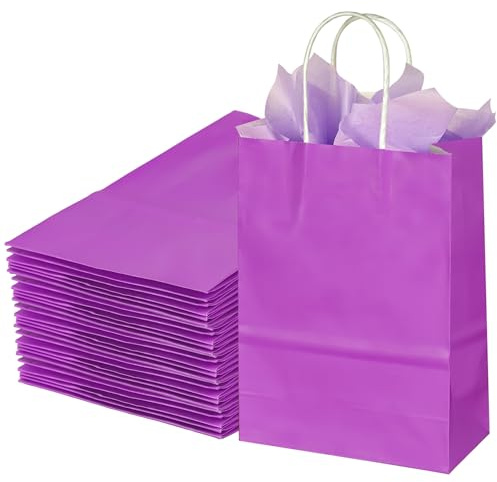 32 Pcs Small Gift Bags with 32 Tissues, Purple Party Bags with Handles, Paper Bag for Birthday, Shopping, Party Supplies, 22 x 16 x 8cm