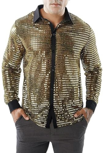 Männer glänzendes Hemd, Langarm Pailletten 70er 80er Disco Kostüm Hemd, Retro-Button Down Dancing T-Shirt, bloßes Mesh Durchsuchungs Through Knopf Vorderseite für Party Nightclub Weihnachten Prom