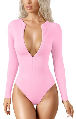 OQQ Women's Bodysuit Tops Invisible Zip Long Sleeve Crew Neck Bodysuits Pink cherry blossom